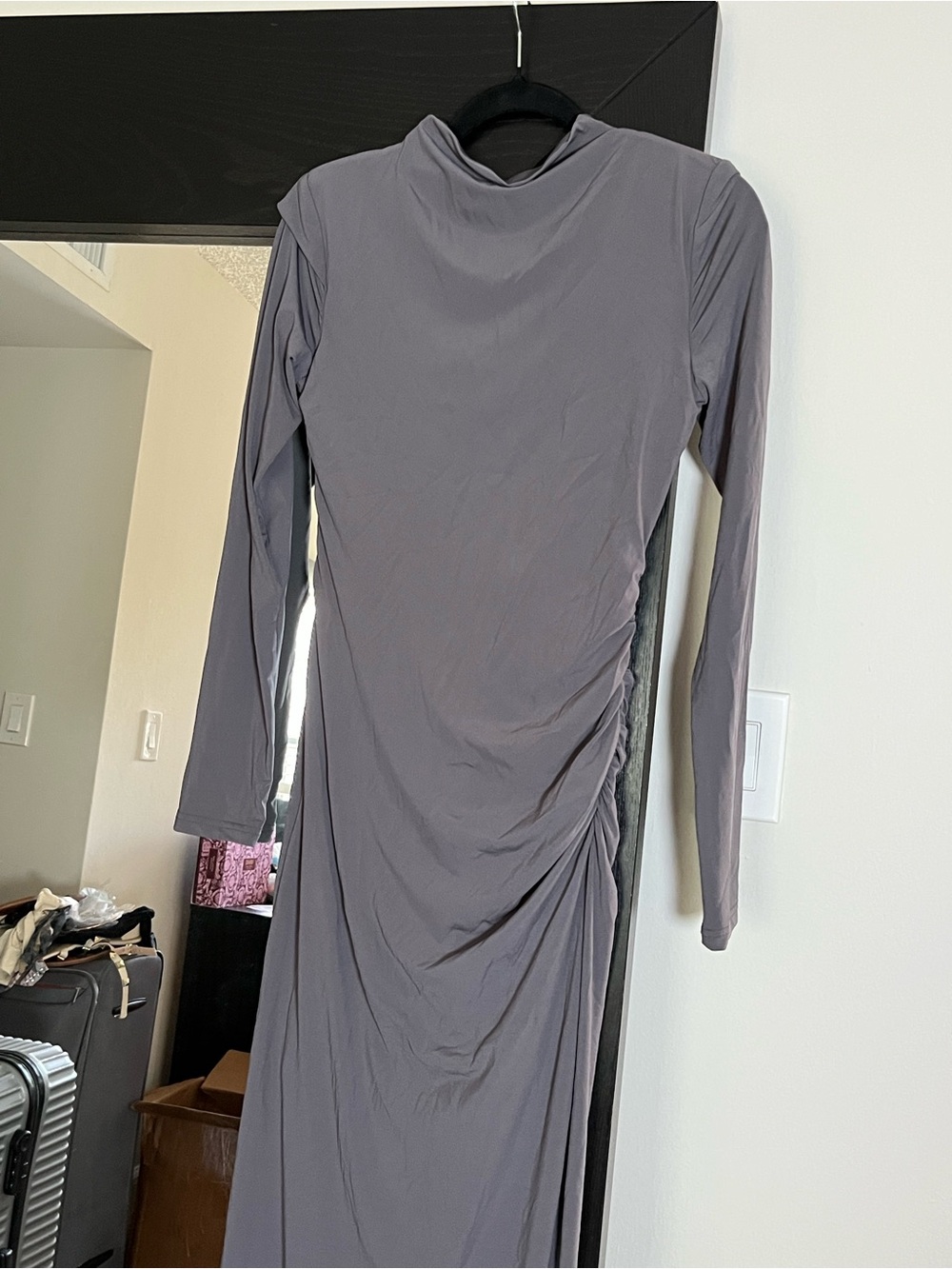 Zara Charcoal Gray Long-Sleeve Ruched Maxi Dress